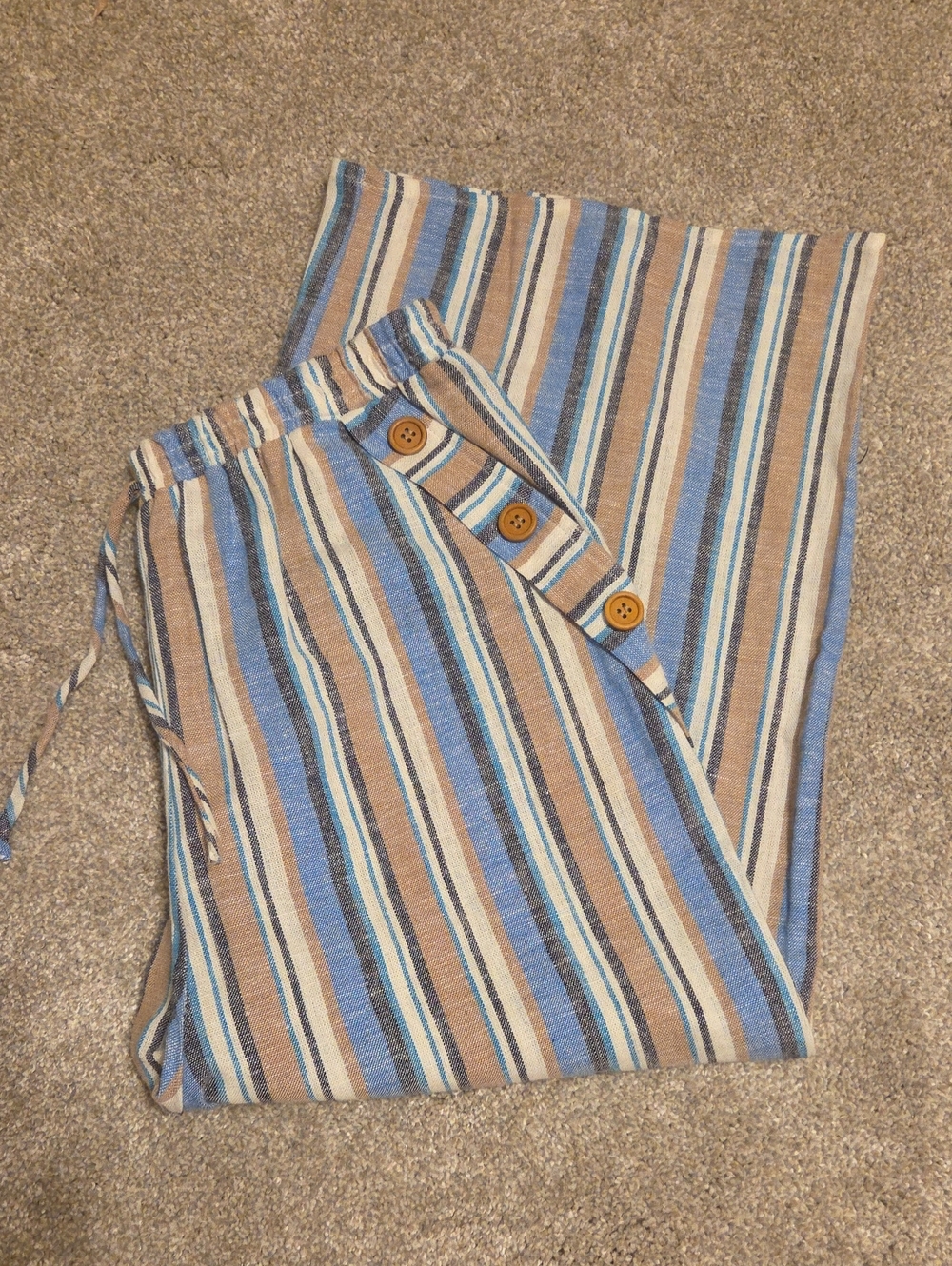 Girls Striped Blue and Tan Linen Blend Pants